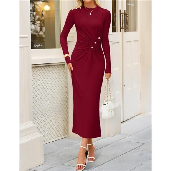 Womens Long Sleeve Mock Neck Bodycon Midi Dress Wine Red - Picture 1 of 6
